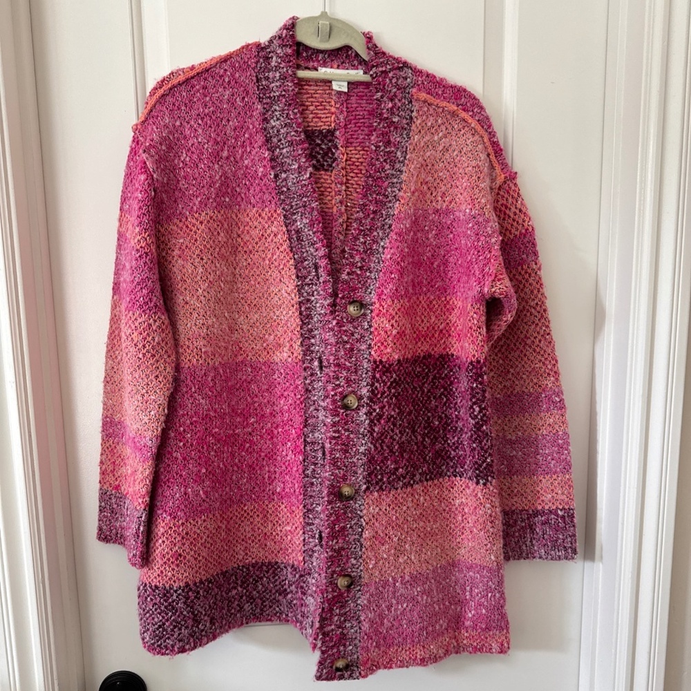 Coldwater Creek Flint Creek Cardigan Pink Berry Multi Colorblock  PL